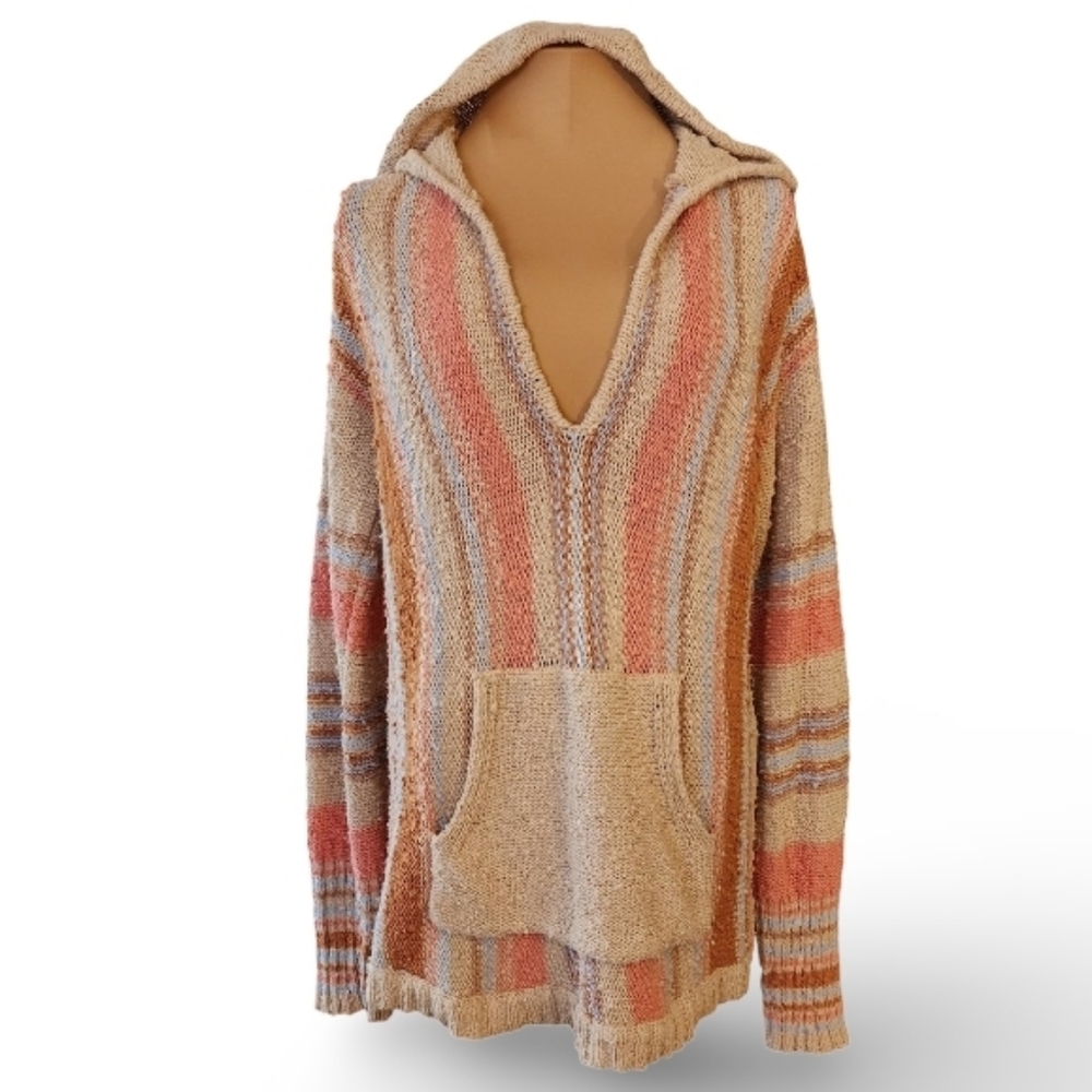 HEM & THREAD Boho Knit Baja Hoodie Striped Slouchy‎ Pullover Women's Large